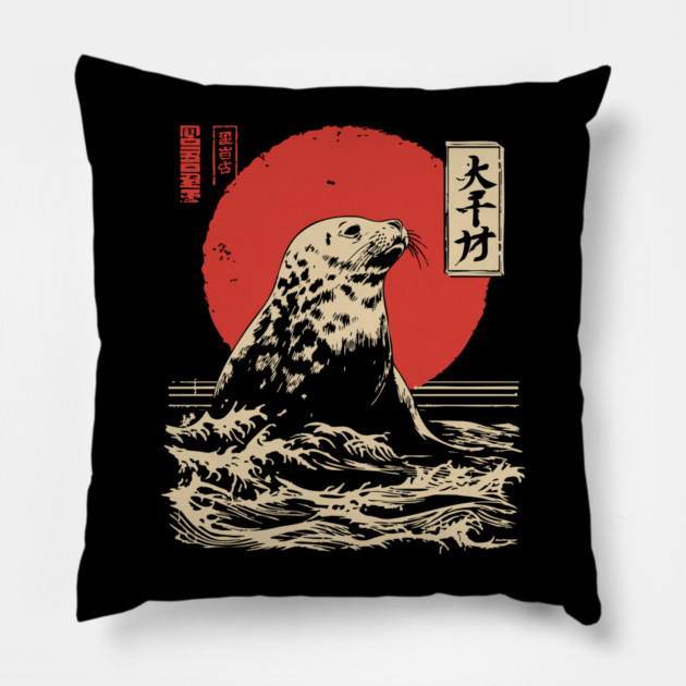 Curious Harbor Seal Portrait Vintage Marine Art Pillow by TuncGK