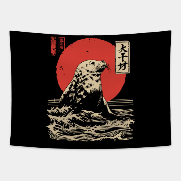 Curious Harbor Seal Portrait Vintage Marine Art Tapestry by TuncGK