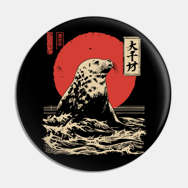 Curious Harbor Seal Portrait Vintage Marine Art Pin by TuncGK