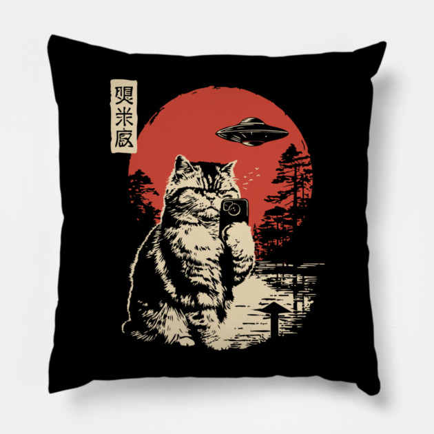 Cat Taking a Selfie with a UFO Funny Art Pillow by TuncGK