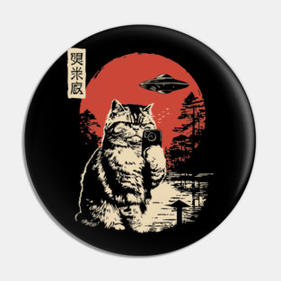 Cat Taking a Selfie with a UFO Funny Art Pin