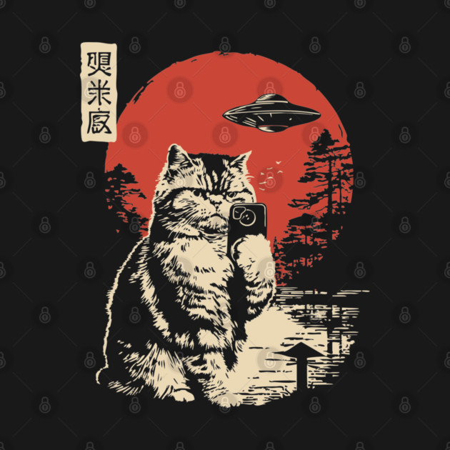 Cat Taking a Selfie with a UFO Funny Art by TuncGK