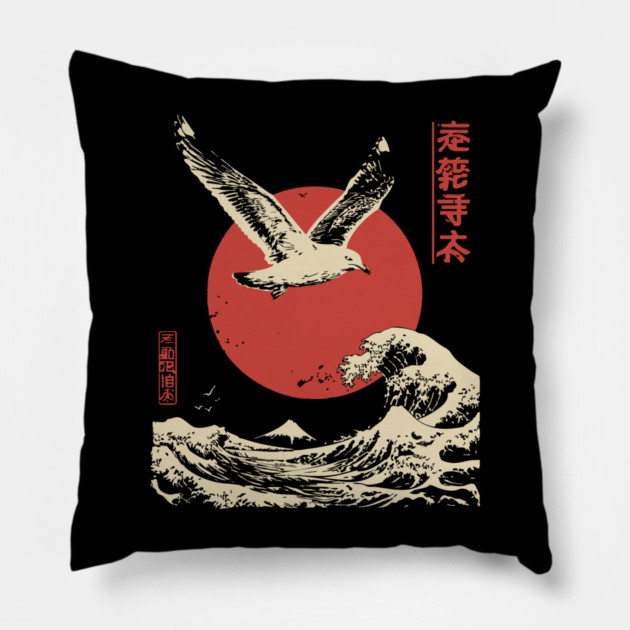 Soaring Seagull Japanese Ukiyo-e Ocean Art Pillow by TuncGK