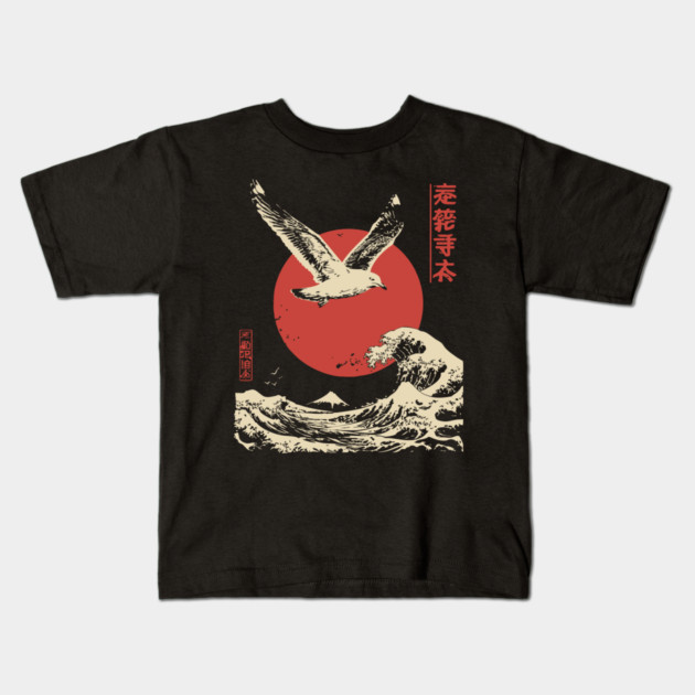 Soaring Seagull Japanese Ukiyo-e Ocean Art Kids T-Shirt by TuncGK