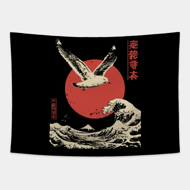 Soaring Seagull Japanese Ukiyo-e Ocean Art Tapestry by TuncGK