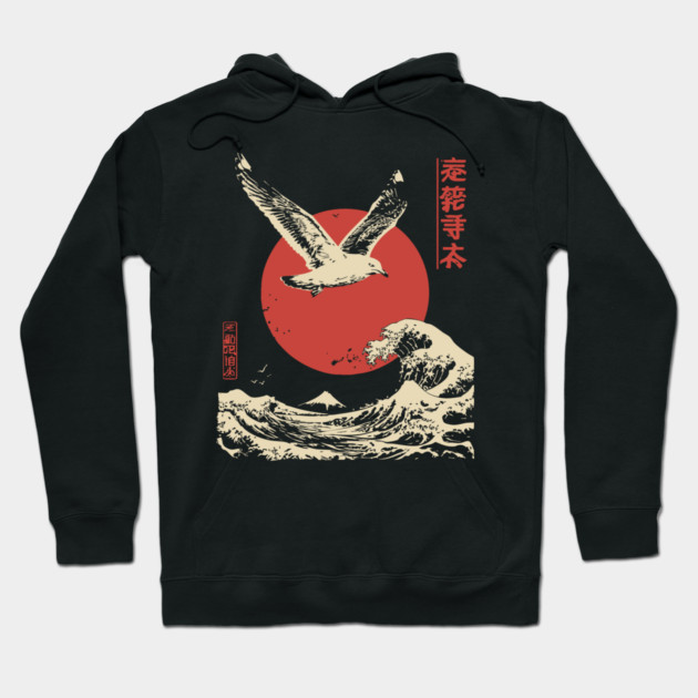 Soaring Seagull Japanese Ukiyo-e Ocean Art Hoodie by TuncGK
