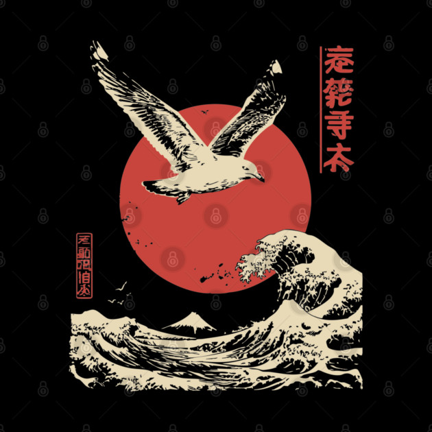 Soaring Seagull Japanese Ukiyo-e Ocean Art by TuncGK