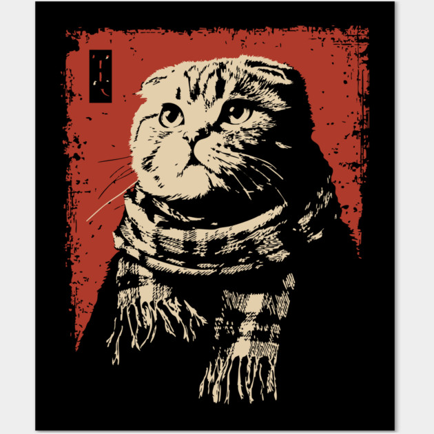 Dapper Scottish Fold Cat Gentleman with Scarf Wall Art by TuncGK