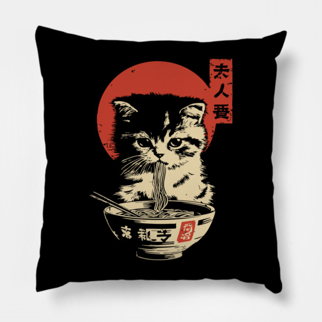 Cute Tabby Cat Eating Ramen Vintage Ukiyo-e Pillow by TuncGK