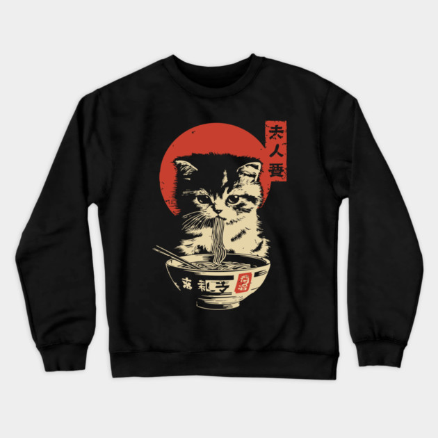 Cute Tabby Cat Eating Ramen Vintage Ukiyo-e Crewneck Sweatshirt by TuncGK