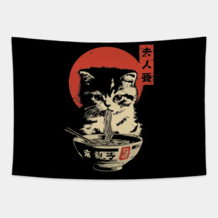 Cute Tabby Cat Eating Ramen Vintage Ukiyo-e Tapestry
