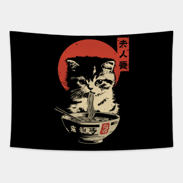 Cute Tabby Cat Eating Ramen Vintage Ukiyo-e Tapestry by TuncGK