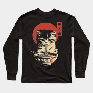 Cute Tabby Cat Eating Ramen Vintage Ukiyo-e Long Sleeve T-Shirt