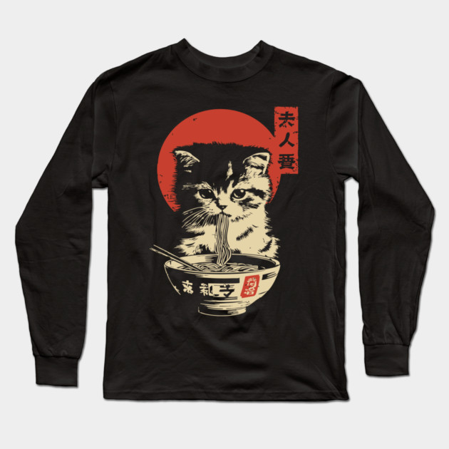 Cute Tabby Cat Eating Ramen Vintage Ukiyo-e Long Sleeve T-Shirt by TuncGK
