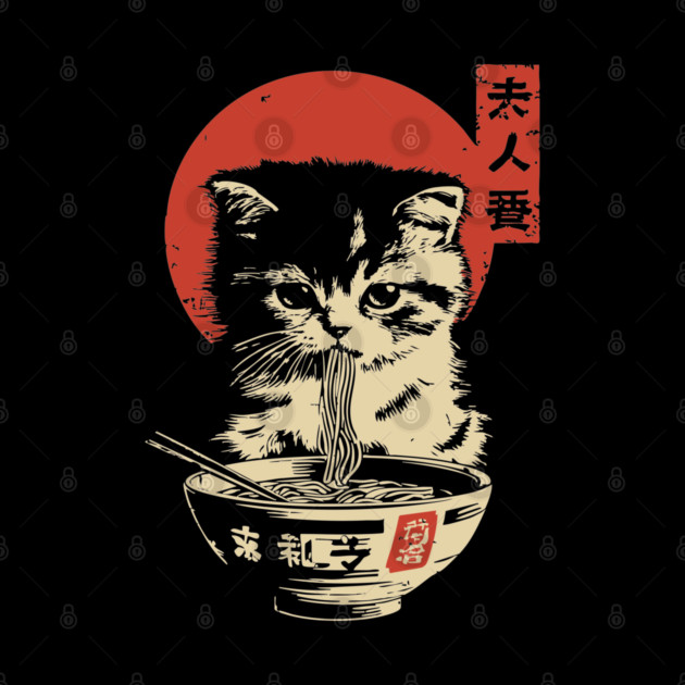 Cute Tabby Cat Eating Ramen Vintage Ukiyo-e by TuncGK