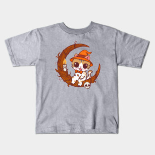 Cute Calico Witch Cat on Crescent Moon Kids T-Shirt