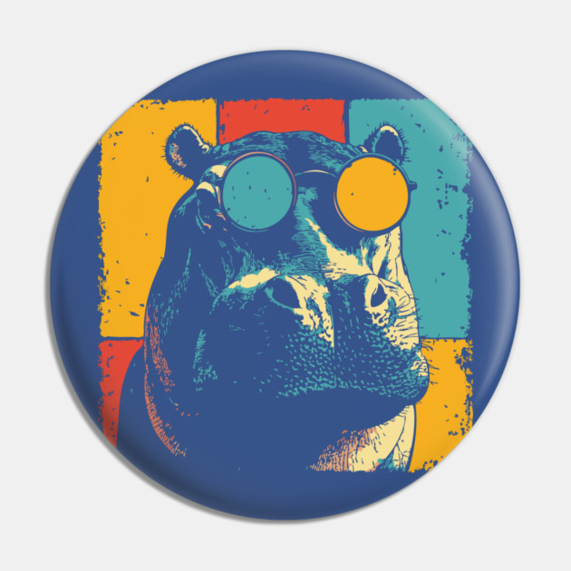 Funny Hipster Hippo with Sunglasses Pop Art Pin by TuncGK