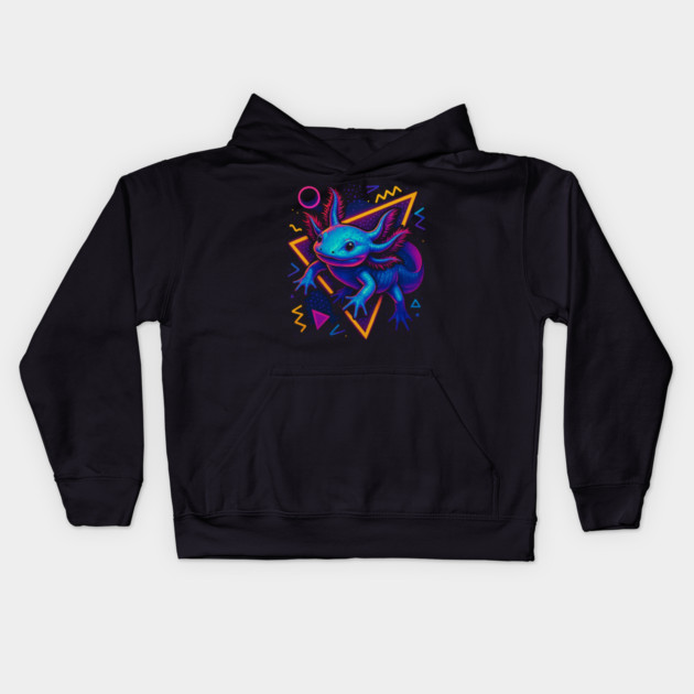 Retro Neon Axolotl Kids Hoodie by Reptiq's Store