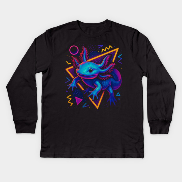 Retro Neon Axolotl Kids Long Sleeve T-Shirt by Reptiq's Store