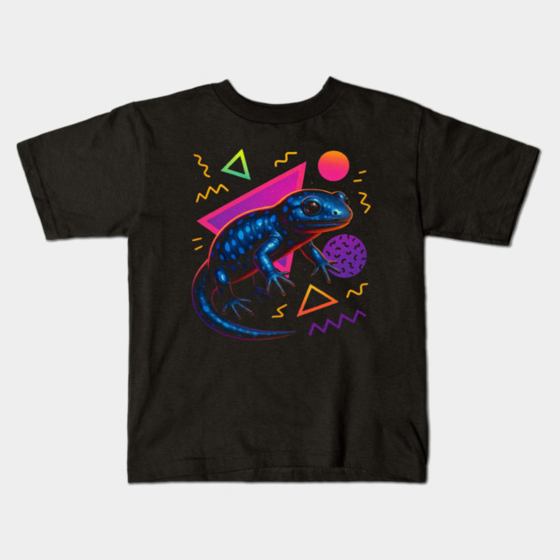 Retro Neon Blue Spotted Salamander Kids T-Shirt by Reptiq's Store