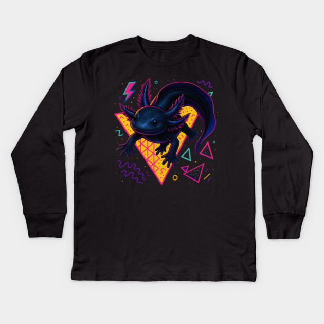 Retro Neon Black Axolotl Kids Long Sleeve T-Shirt by Reptiq's Store