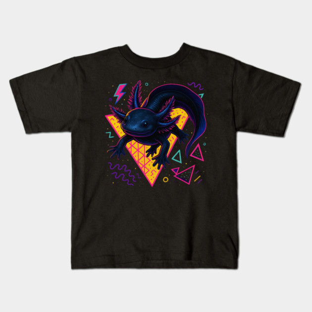 Retro Neon Black Axolotl Kids T-Shirt by Reptiq's Store