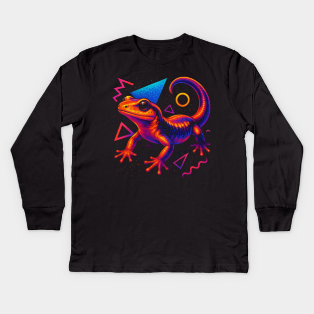 Retro Neon Ensatina Salamander Kids Long Sleeve T-Shirt by Reptiq's Store