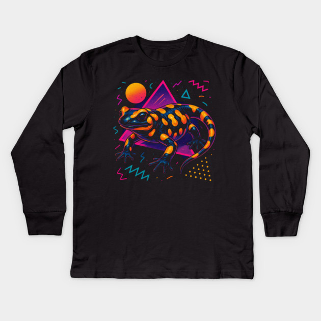 Retro Neon Fire Salamander Kids Long Sleeve T-Shirt by Reptiq's Store