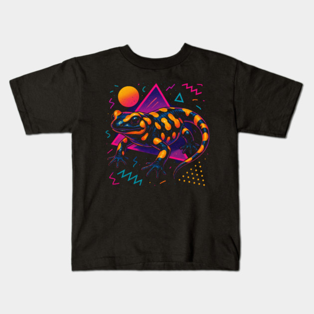 Retro Neon Fire Salamander Kids T-Shirt by Reptiq's Store