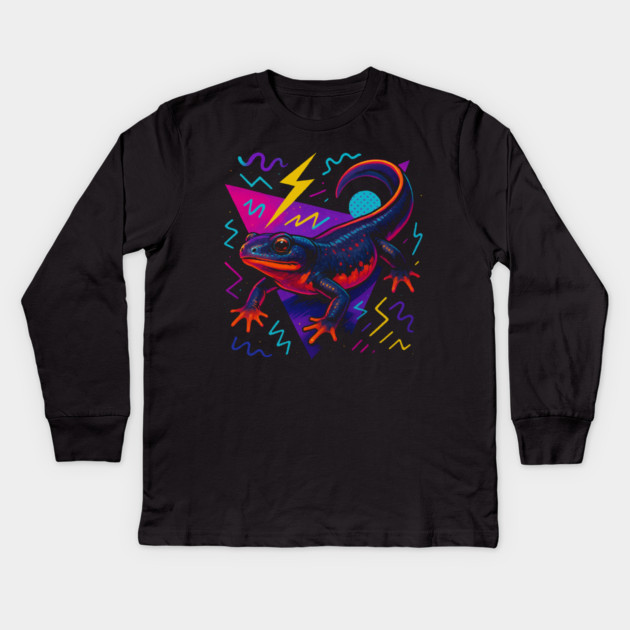 Retro Neon Paddle-tail Newt Kids Long Sleeve T-Shirt by Reptiq's Store