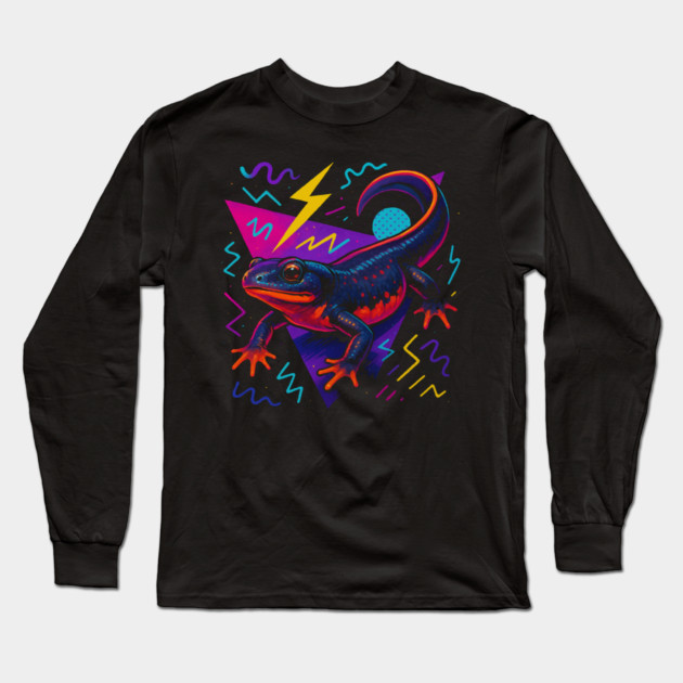 Retro Neon Paddle-tail Newt Long Sleeve T-Shirt by Reptiq's Store