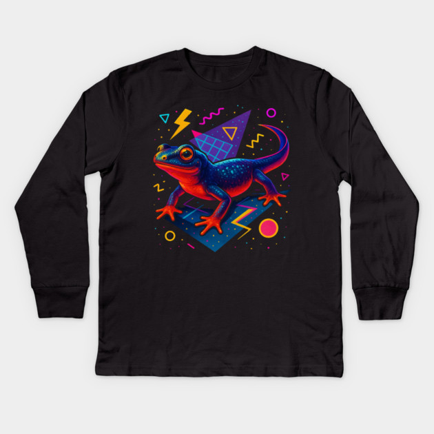 Retro Neon Fire Bellied Newt Kids Long Sleeve T-Shirt by Reptiq's Store