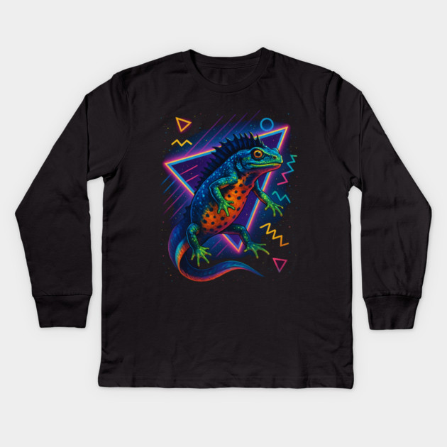 Retro Neon Crested Newt Kids Long Sleeve T-Shirt by Reptiq's Store