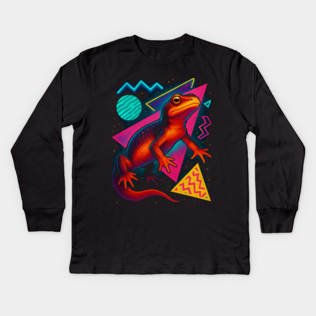 Retro Neon Rough-skinned Newt Kids Long Sleeve T-Shirt by Reptiq's Store