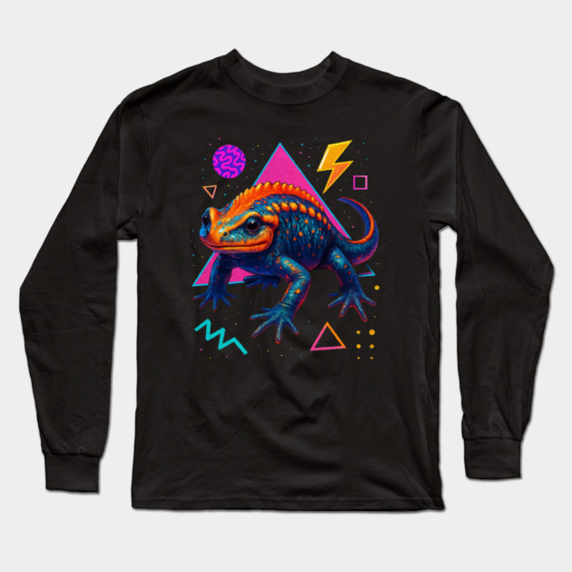 Retro Neon Chinese Emperor Newt Long Sleeve T-Shirt by Reptiq's Store