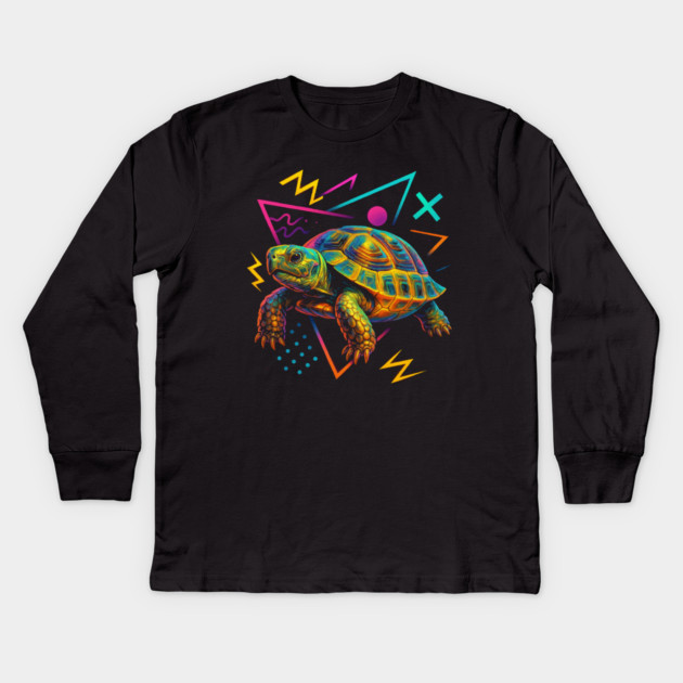 Retro Neon Greek Tortoise Kids Long Sleeve T-Shirt by Reptiq's Store