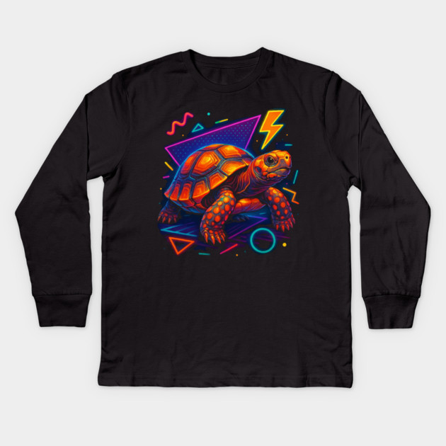 Retro Neon Red Foot Tortoise Kids Long Sleeve T-Shirt by Reptiq's Store