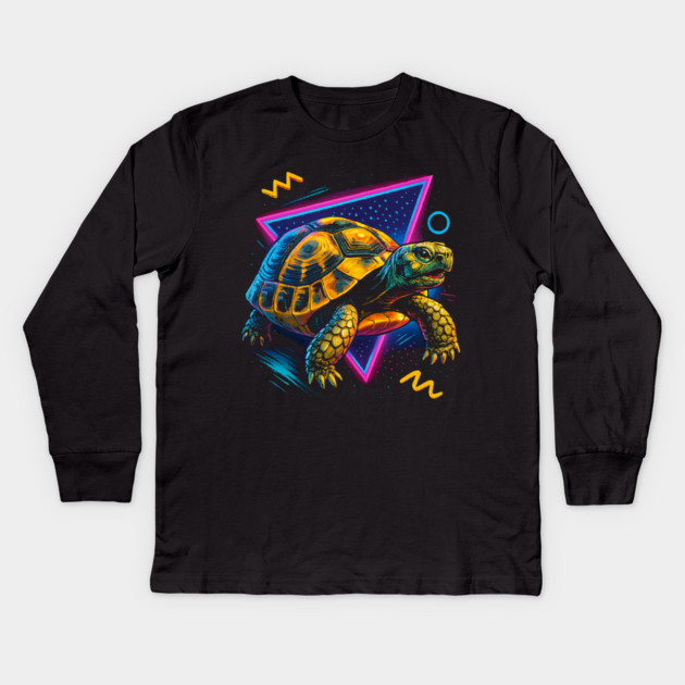 Retro Neon Marginated Tortoise Kids Long Sleeve T-Shirt by Reptiq's Store