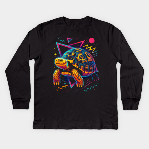 Retro Neon Pancake Tortoise Kids Long Sleeve T-Shirt by Reptiq's Store