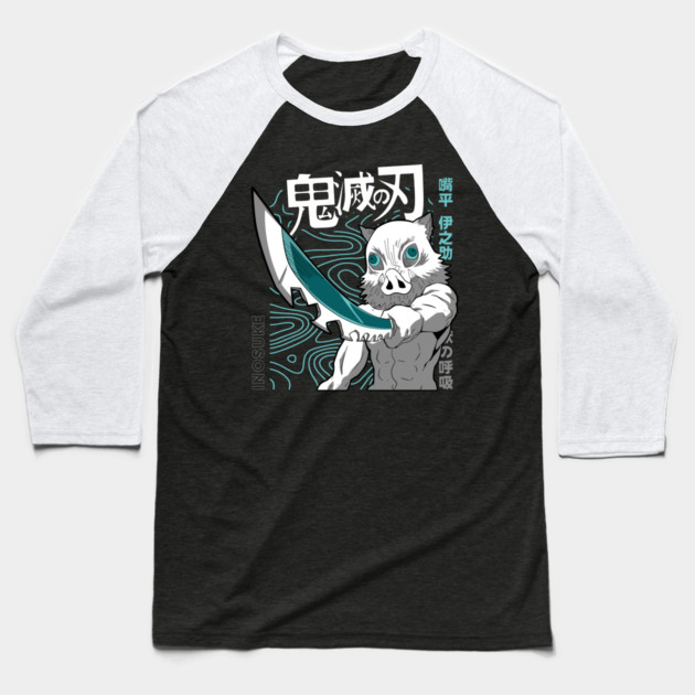 Demon Slayer Inosuke Hashibira Battle Stance Baseball T-Shirt by Otaku Vibes
