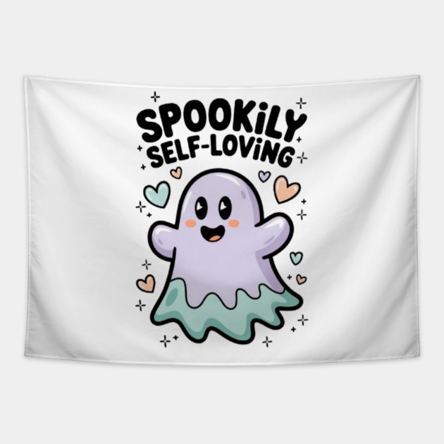 Spookily Self-Loving – Cute Kawaii Ghost Mental Health Tapestry by Fauzi's Store