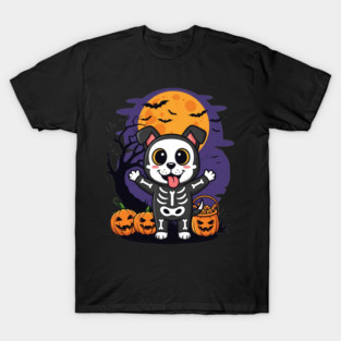 Cute Skeleton Dog with Pumpkins Under Halloween Moon T-Shirt
