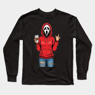 Funny Ghost Mask Girl with Coffee Halloween Style Long Sleeve T-Shirt
