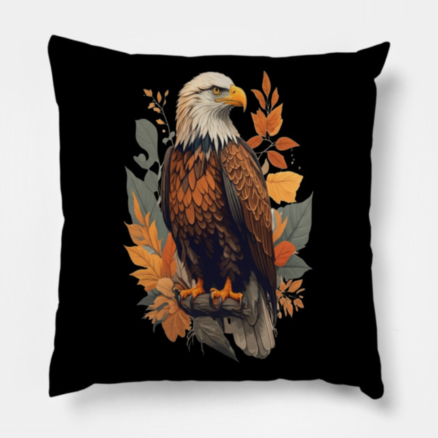 Bald Eagle with Autumn Leaves Patriotic Nature Art Pillow by BirdsnStuff