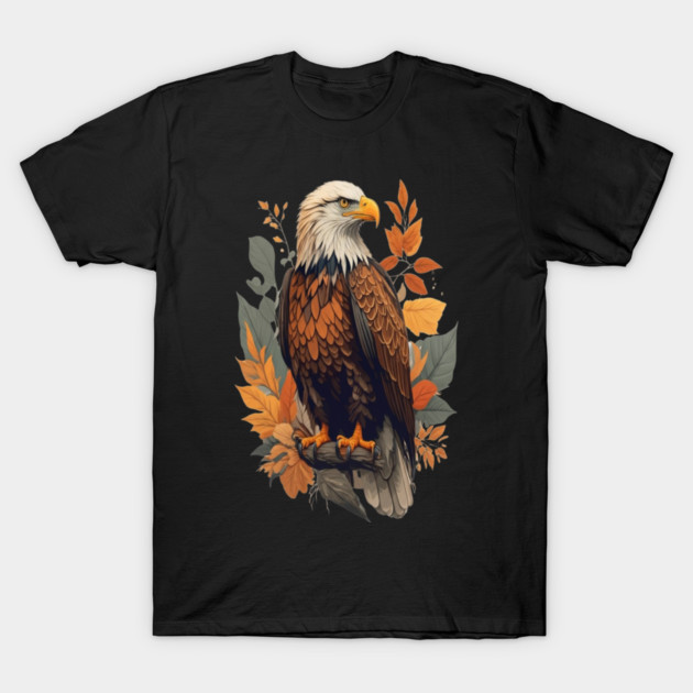 Bald Eagle with Autumn Leaves Patriotic Nature Art T-Shirt by BirdsnStuff