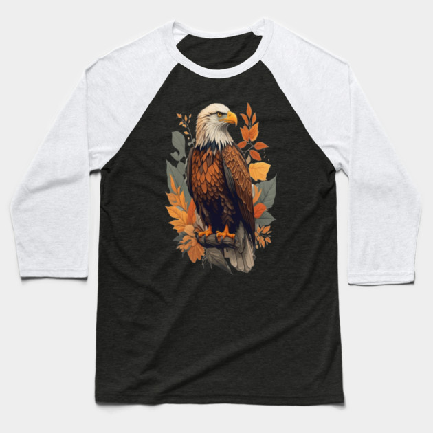 Bald Eagle with Autumn Leaves Patriotic Nature Art Baseball T-Shirt by BirdsnStuff
