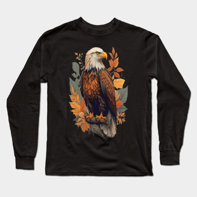 Bald Eagle with Autumn Leaves Patriotic Nature Art Long Sleeve T-Shirt by BirdsnStuff