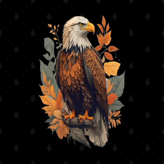 Bald Eagle with Autumn Leaves Patriotic Nature Art by BirdsnStuff