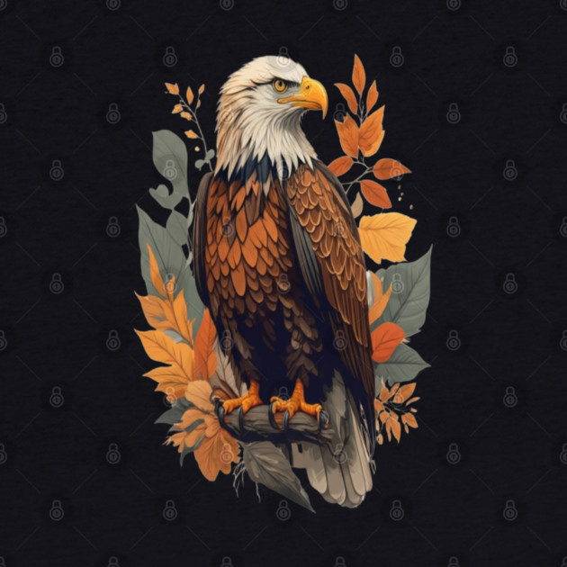 Bald Eagle with Autumn Leaves Patriotic Nature Art by BirdsnStuff