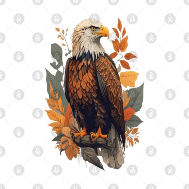 Bald Eagle with Autumn Leaves Patriotic Nature Art by BirdsnStuff